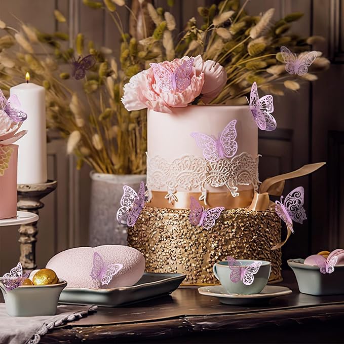 72 Pcs Butterfly Decorations, 3 Sizes 3 Styles, 3D Butterfly Wall Decor, Party Decorations, Birthday Decorations, Butterflies for Crafts, Cake Decorating, Wall Stickers Room Decor, Pale Plum