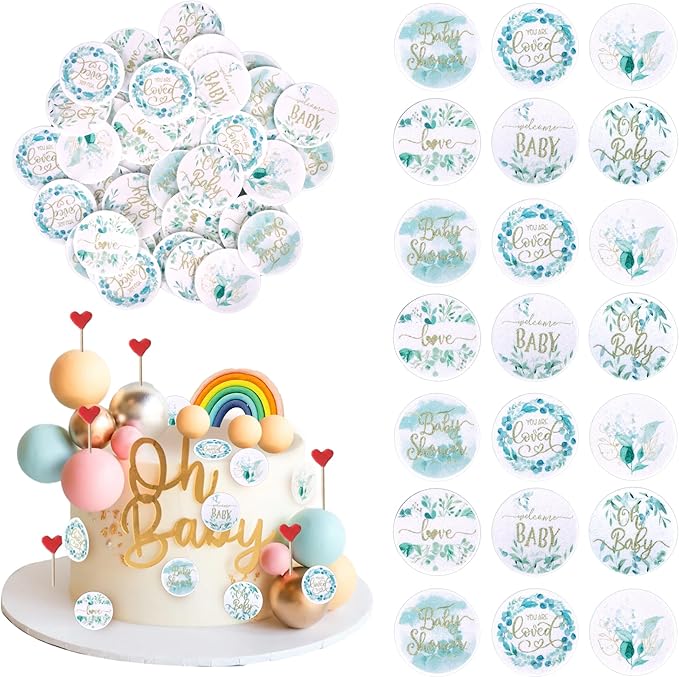 60 PCS Edible Baby Shower Cupcake Toppers Woodland Jungle Leaf Love Welcome Baby Cupcake Picks Edible Oh Baby Cake Decorations for Baby Shower Theme Gender Reveal Kids Birthday Party Supplies