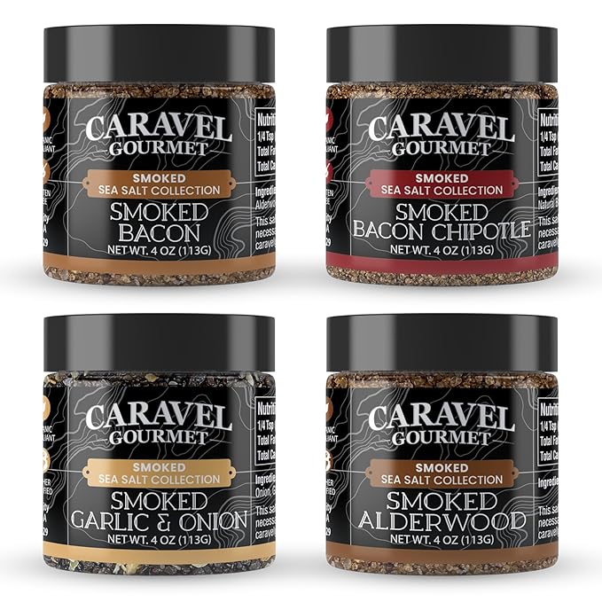 Alderwood Smoked Sea Salt Mega Sampler, Smoked Bacon Chipotle, Garlic & Onion Sea Salt, 4 oz Jar 4-Pack, Caravel Gourmet