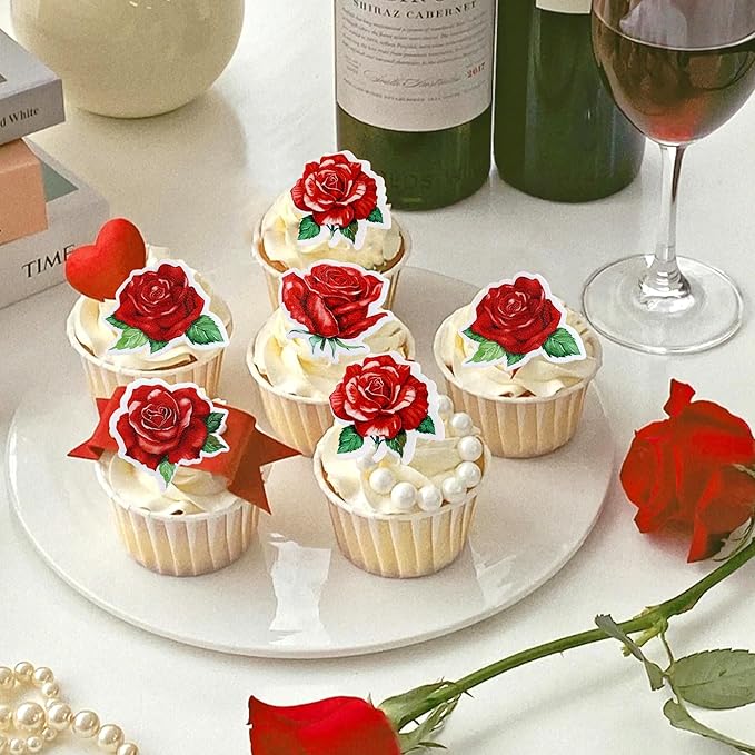 40 PCS Edible rose Cupcake Toppers Wafer Paper Red Rose Flower Cupcake Picks Rose Drink Topper Wedding Engagement Themed Party Valentine's Day Birthday Party Cake Decoration ??"<div>
