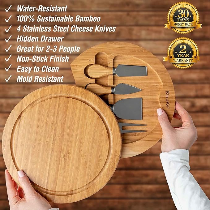 BlauKe Bamboo Cheese Board and Knife Set - 10 inch Round Charcuterie Board, Serving Tray, Platter, Wood Cheese Set - Gift Idea