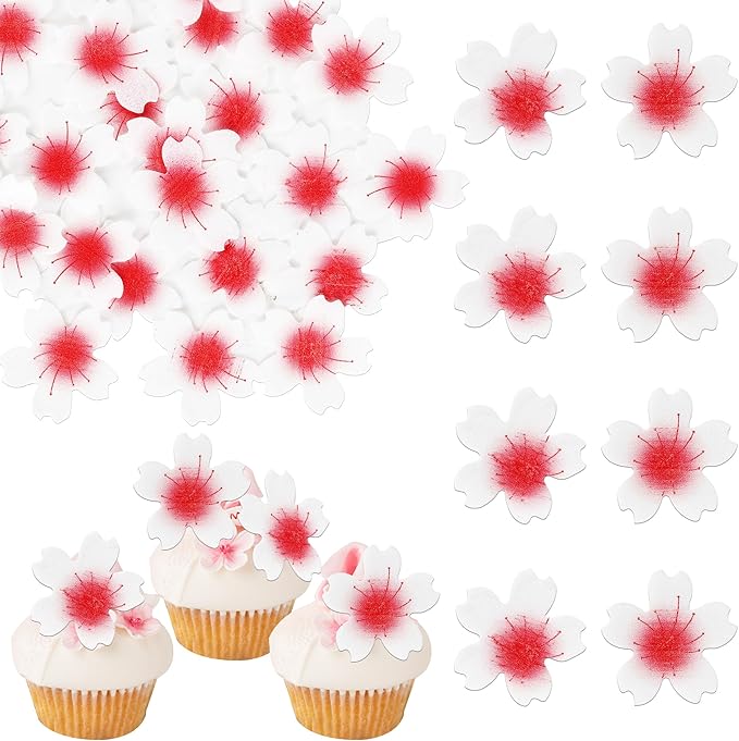 100 Pack Edible Cherry Blossom Cake Toppers - Flowers Cupcake Picks Rice Paper Wafer for Baby Shower, Bridal Shower, Kids Birthday Party Cake Decorations