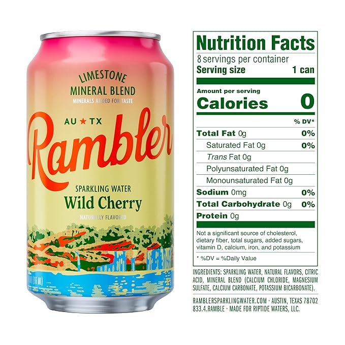 AUTX RAMBLER Sparkling Water, Texas Limestone Mineral Blend, Wild Cherry Flavor, 12-Ounce Cans, Three 8-Packs (24 Cans)