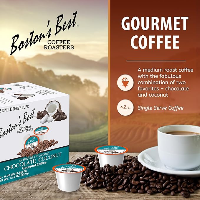 Bostonโs Best - Chocolate Coconut Flavored Dessert Gourmet Coffee Compatible with Keurig Coffee Maker, 1 Count (42 Single Serve Medium Roast Cups)