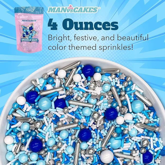 Manvscakes Sprinkles- Edible Cake and Cupcake Sprinkles with Assorted Shapes and Sizes for Parties, Metallic Sprinkle Mix for Cookies, Ice Cream, Cake and Cupcake Decorating, 4 oz, Blue sprinkles