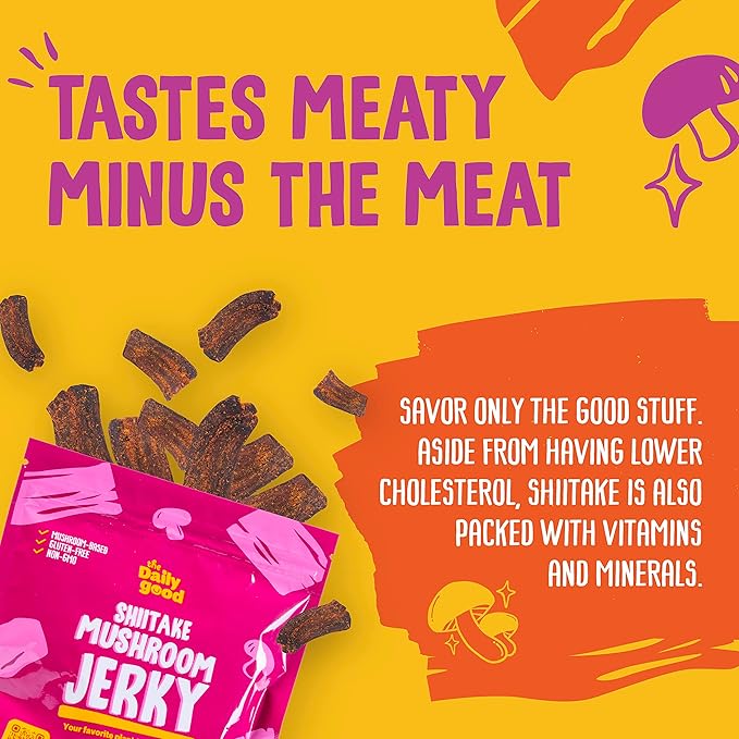 The Daily Good Mushroom Jerky - 3-Pack Snacks, Yummy High-Fiber Mushroom Snack, Meatless & Gluten-Free Food, Contains Eggs, Made from Shiitake Stalk, 0.58 lbs., Vegetarian, Hot & Spicy Flavor