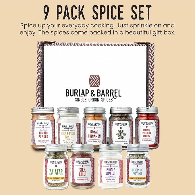 Burlap & Barrel 9-Pack Spice Gift Set ??9 Full-Size Jars of Favorite Spices for the Curious Cook ??Includes Cinnamon, Garlic, Lime & More Seasonings - As Seen On Shark Tank