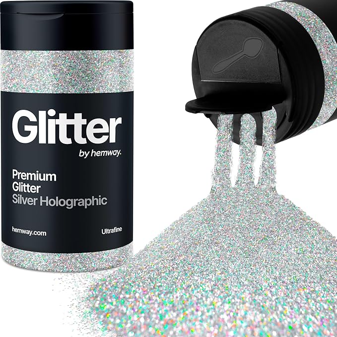 Hemway Premium Glitter Shaker - Silver Holographic | Ultrafine Metallic Flake Sequins for Resin & Epoxy Crafts | Craft Supplies for Tumblers, Festival, Face, Body, Eye & Nail Art Decoration | 115 g