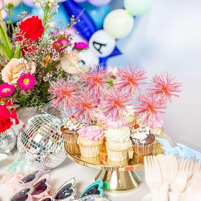 Rsstarxi 30 Pack Firework Cupcake Toppers Sparkle Tinsel Drink Birthday Decorations Cocktail Food Fruit Toothpick for Valentine's Day Wedding Birthday Party Cake Decorations Orange