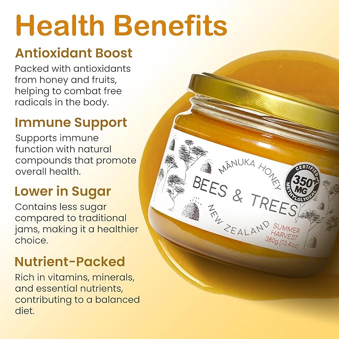 Bees & Trees Manuka Honey 350+ MGO – Pure New Zealand Raw Monofloral Honey – Unpasteurized & Natural – 380g (13.4oz) Glass Jar – Perfect for Coffee, Tea & Daily Wellness