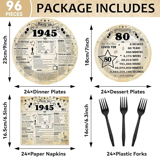 96Pcs Back in 1945 Birthday Plates and Napkins 80th Party Decorations Vintage 80 Year Old Party Dessert Plates 1945 Tableware for 24 Guests 80th Theme Men Women Birthday Supplies ??"<div>
