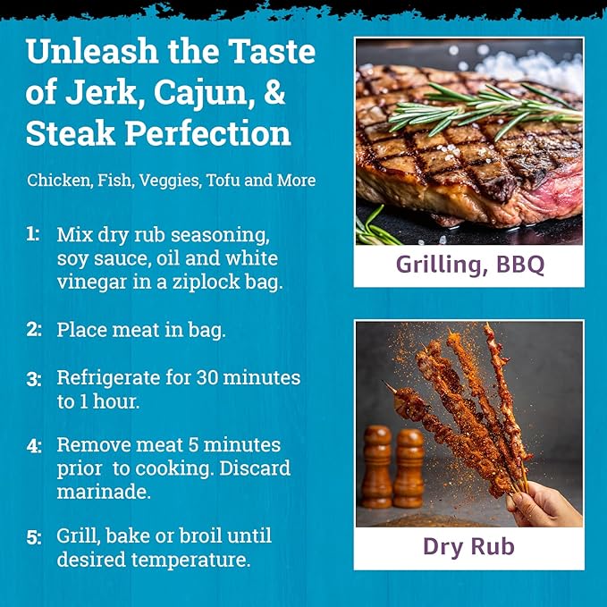 Dimply's Cajun, Jerk,Steak Seasoning Mix,Marinade and Dry Rub Perfect for Steak,Chicken,Vegetables, Tofu - Gluten Free,Preservative Free and MSG Free -Vegan Friendly (2 pack each & 6 ounce)