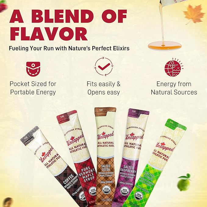 UnTapped Maple Syrup Energy Gels Pack of 20 | 5 All-Natural Flavors Including Coffee, Raspberry, Pure Maple, Citrus, & Cocoa | USDA Organic-Certified Maple Syrup for Long-Lasting Energy