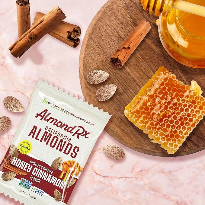 AlmondRx | Heart Healthy Skinless Lightly Salted California Almond Snack Packs | Fortified with Vitamin D | Plant Protein | Keto | Vegan | No Sugar Added (12 Pack, Honey Cinnamon)