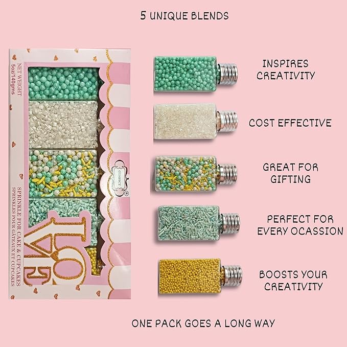 Confect Cake Sprinkles Mix Pack of 5 ??Sky Blue, Yellow & White ??Pearl Dragees, Jimmies, Sparkling Sugar ??Baking Decorations for Cakes, Cupcakes, Cookies & Desserts- Vegan, Gluten-Free, Nut-Free, Soy-Free, Dairy-Free, Palm Oil-Free- 5 Oz