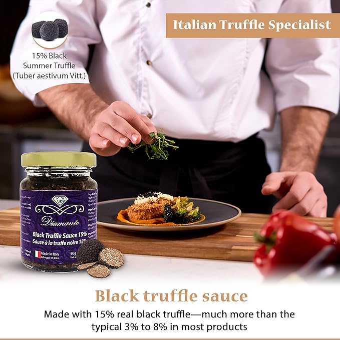 Diamante Italy Black Truffle Sauce with High 15% Black Truffle Content - Authentic Italian Gourmet Black Truffle & Mushroom Sauce - Non GMO, Vegan & Made in Italy - 90g