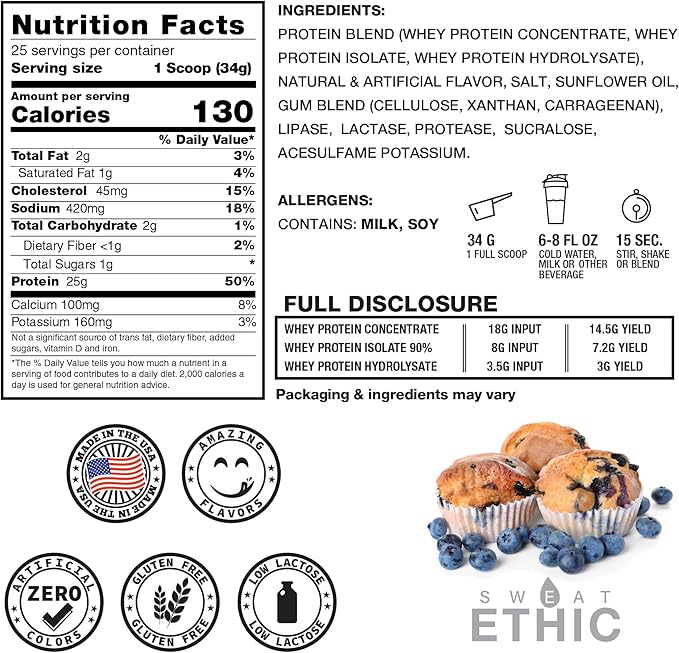 Whey'd Protein Powder, 25 G Whey Protein Blend with Concentrate, Isolate & Hydrolysate, Low Lactose & Digestive Enzymes for Easy Mixing & Smooth Texture, Blueberry Muffin, 25 Servings