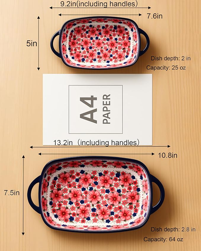 Ceramic Baking Dish Set of 2 ??Decorative Polish Pottery Style Casserole Dishes with Handles, Cute Oven-Safe Lasagna Bakeware Gift Set