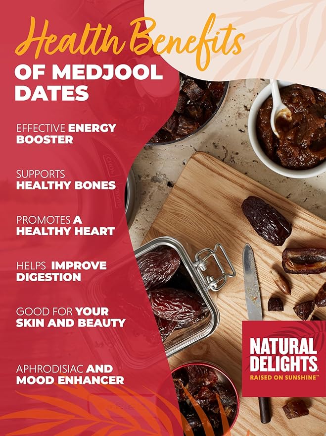 Natural Delights Medjool Dates Whole - Non-GMO Verified Fruit, Good Source of Fiber & Potassium, Naturally Sweet, Snack for On-the-Go, Large & Plump Dates - 8 oz Pouch (Pack of 2)