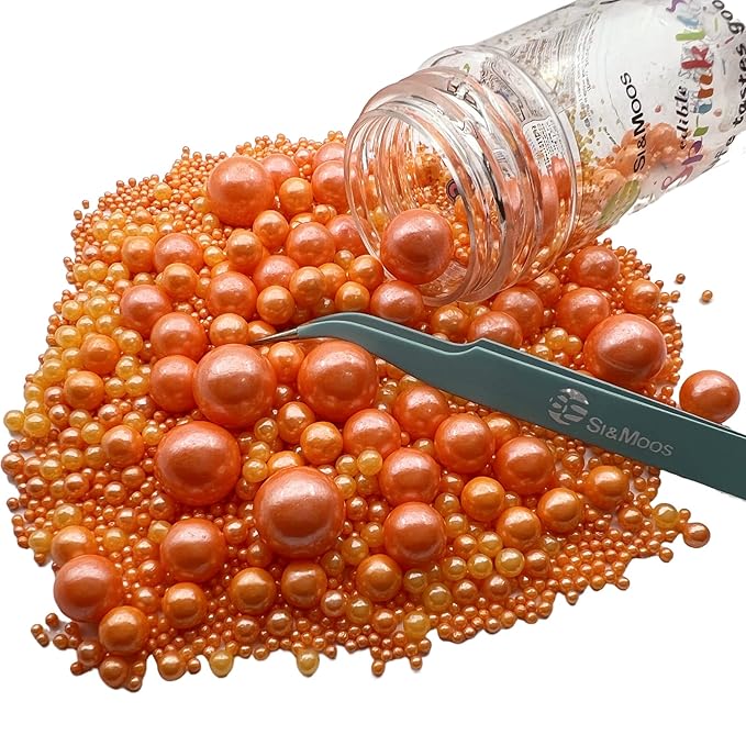 SE Si&Moos Orange Edible Pearls Orange Pearl Sprinkles for Cake Decorating Edible Cake Sugar Pearls Halloween Christmas Cookie Decorations Edible Cake Decorations for Cakes,Cupcakes Toppers 3.5 OZ with Tweezers