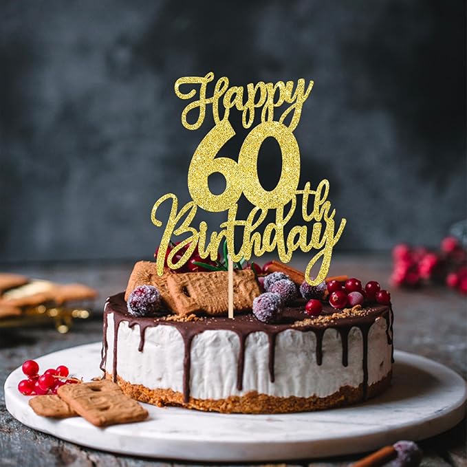1 PCS Happy 60th Birthday Cake Topper Glitter Cheers to 60 Years Birthday Cake Pick Sixty Hello 60 Fabulous Cake Decoration for Happy 60th Birthday Anniversary Party Decorations Supplies Gold