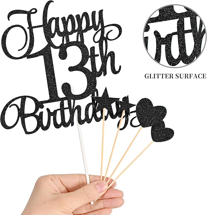 13th Birthday Cake Decorations, 13th Birthday Candles Cake Numeral Candles and Glitter Happy 13th Birthday Cake Toppers Set for Birthday Party Supplies (Black)
