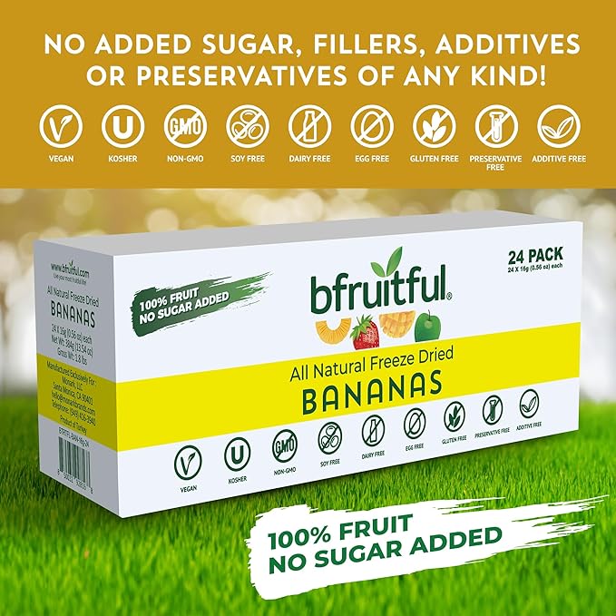 bfruitful Freeze-Dried Banana, Freeze Dried Fresh Fruit Bites, Gluten Free, Vegan, Dairy Free, Kosher, No Sugar Added, Non GMO, Healthy Snacks for Kids or Adults, 0.56 oz Single-Serve Snack Packets, 24 Pack