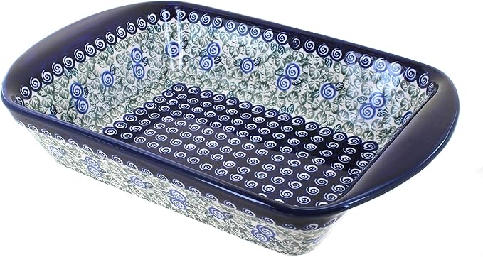 Blue Rose Polish Pottery - Blue Seaside Swirl Large Rectangular Baker with Handles - 9" x 6.5" - Unique, Dishwasher Safe, & Durable Bakeware