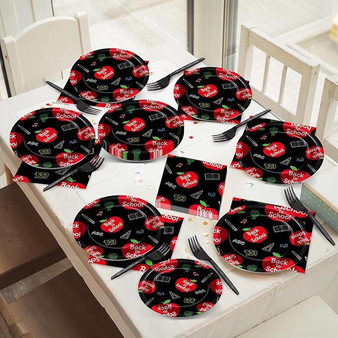 96Pcs Welcome Back to School Plates and Napkins School Season Party Decorations Back to School Dessert Plates Red Apples Tableware Set for 24 Guests Kids Birthday First Day of School Party Supplies