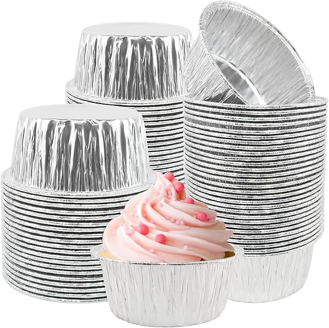 Aluminum Foil Baking Cups, 150 Pack Disposable 5 Oz Ramekins Aluminum Cupcake Muffin Liners Silver Foil Baking Cups for Egg Tart, Baking, Cupcake, Pudding, Appetize