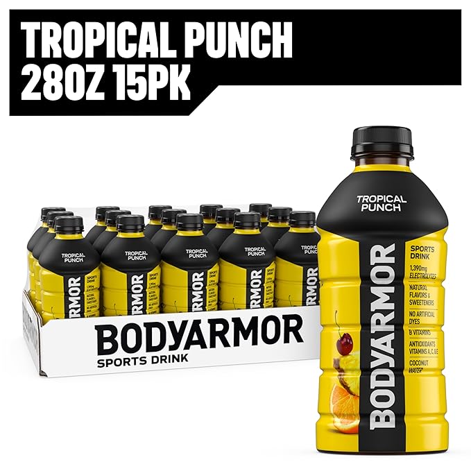 BODYARMOR Sports Drink Sports Beverage, Tropical Punch, Coconut Water Hydration, Natural Flavors With Vitamins, Potassium-Packed Electrolytes, Perfect For Athletes, 28 Fl Oz (Pack of 15)