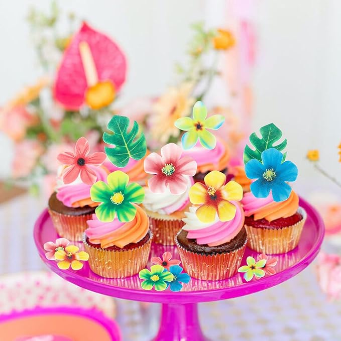 83 PCS Edible Tropical Palm Leaves and Hawaii Flowers Cupcake Toppers Edible Flowers Cupcake Picks Hawaii Theme Cake Decorations for Jungle Theme Birthday Party Wedding Cake Decoration Supplies