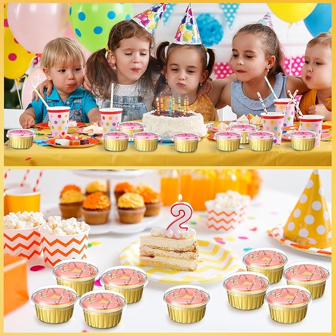 Gejoy 400 Pcs Aluminum Foil Baking Cups with Lids 5 oz Disposable Ramekins Mini Cake Pans Creme Brulee Cupcake Liners Muffin Tins Flan Mold Dessert Container for Wedding(Gold Color,Elegant)