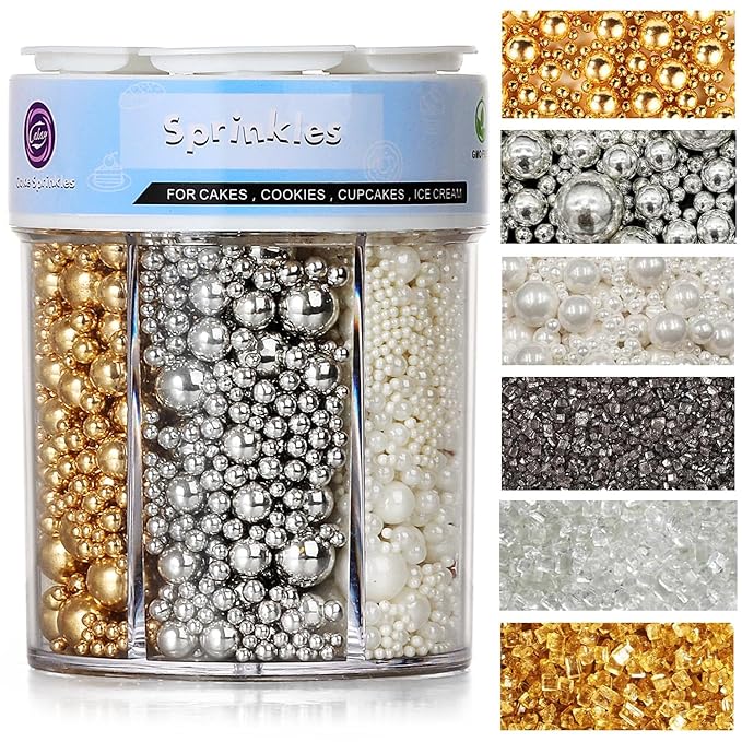 Sprinkles for Cake Decorating, 11Oz 3 Colors Gold Silver White Pearl and Sanding Sugar Sprinkles Mix for Cake Cupcake Ice Cream Donuts Cookie Baking Toppings
