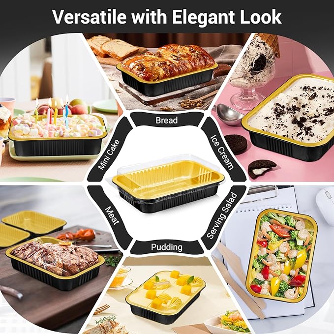 EUSOAR Mini Loaf Baking Pans with Lids, Black Gold Square 20oz 50pcs Aluminum Foil Disposable Bread Pan Ramekins with Lids, Muffin Liners Cupcake Baking Cups, Creme Brulee Cups Pans Containers