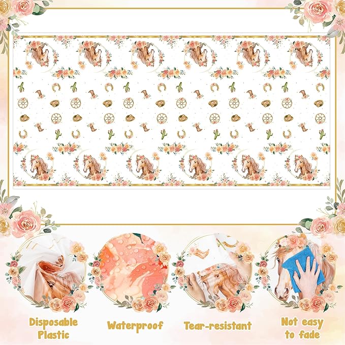 3Pcs Horse Tablecloths Gold Cowgirl Horse Birthday Table Covers, Western Girl Themed Party Decorations Plastic Disposable Rectangular Table Cloth Decor for Kids Birthday Baby Shower