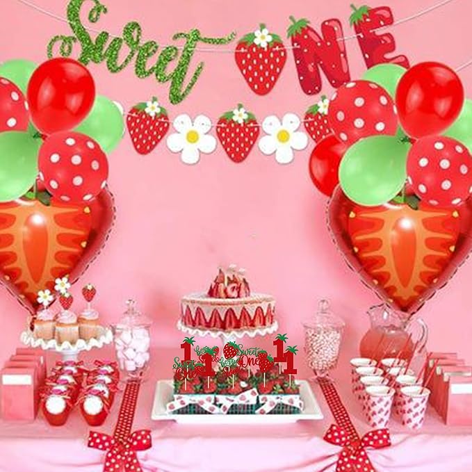 24 Pack Sweet One Cupcake Toppers Glitter First Birthday Strawberry Cupcake Picks for Fruit Baby Shower 1st Birthday Berry Sweet Cupcake Decorations Party Supplies Green