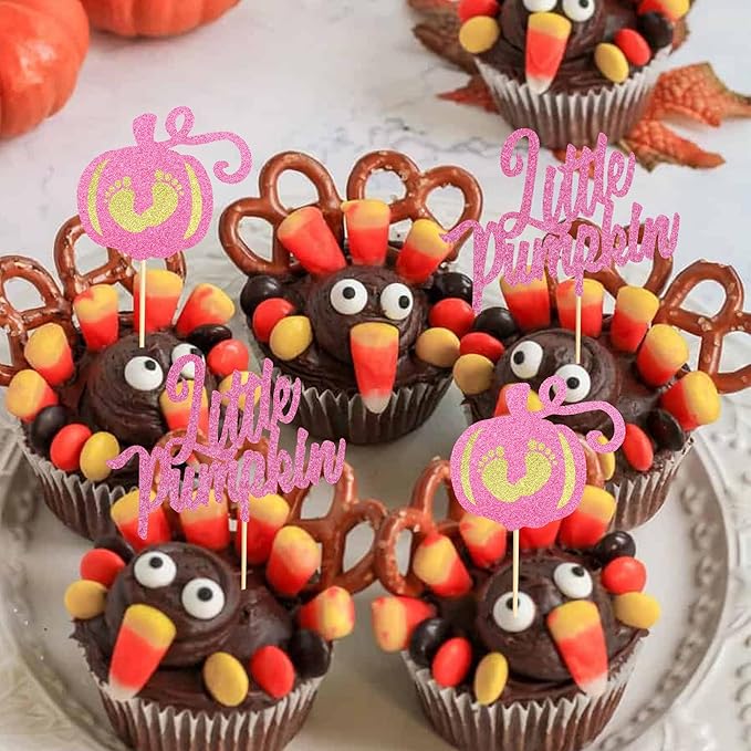 24Pcs Little Pumpkin Cupcake Toppers - Baby Shower Cake Decorations - Baby Feet Pumpkin Cupcake Picks for Thanksgiving, Halloween, Kids Birthday Parties - Pink Glitter