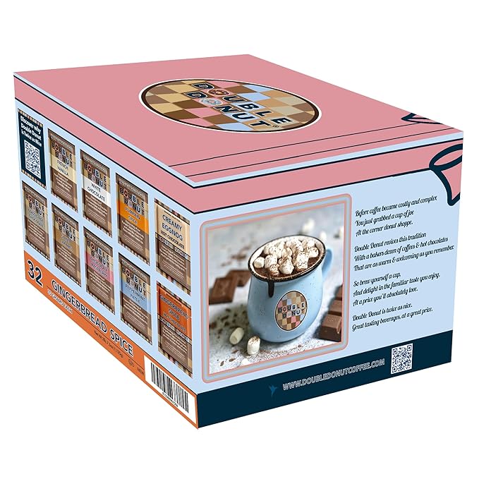 Double Donut Gingerbread Spice Hot Chocolate Mix Packets, Flavored Gingerbread Hot Cocoa Mix, 32 Count