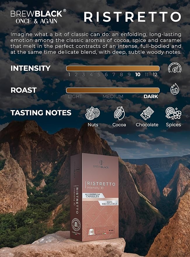 BrewBlack Ristretto Coffee Capsules - 120 Aluminum Coffee Pods Compatible with Nespresso Original line, Medium Roast - Intensity 10/12, Made in Italy