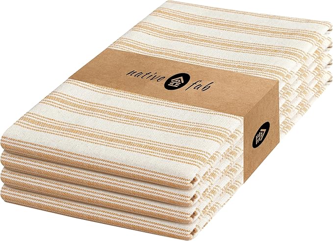Native Fab 4 Pack Farmhouse Modern Stripe Kitchen Dish Towels Cotton Super Absorbent Quick Drying Reusable 18x26 Inches - Bar Hand Towels, Kitchen Cleaning Towels with Hanging Loop, Yellow
