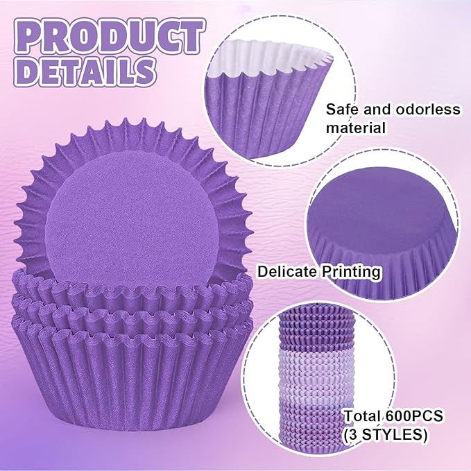 Whaline 600Pcs Purple Cupcake Liners Gradient Purple Baking Cups Cupcake Wrappers Muffin Liners for Celebration Gathering Wedding Bridal Shower Birthday Party Supplies Decor
