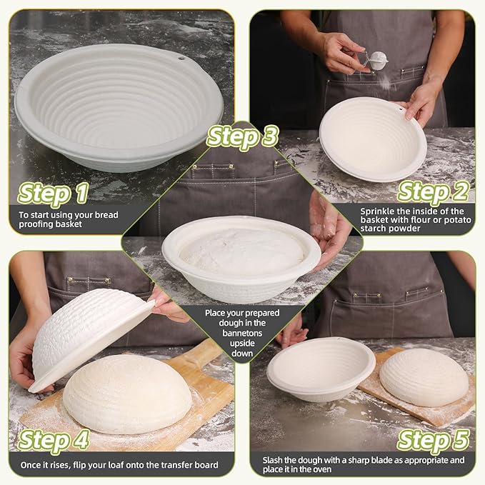 6x 10inch Round Pulp Sourdough Banneton Bread Proofing Basket Brotform Baking Supply with 30pcs Disposable Non-Woven Liners and Storage Bag for Professional and Homemade Bread
