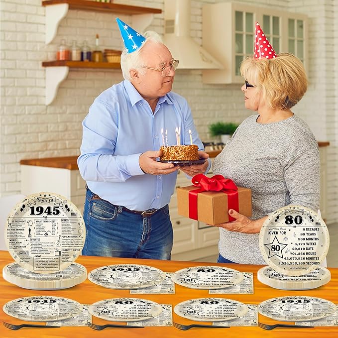96Pcs Back in 1945 Birthday Plates and Napkins 80th Party Decorations Vintage 80 Year Old Party Dessert Plates 1945 Tableware for 24 Guests 80th Theme Men Women Birthday Supplies ??"<div>