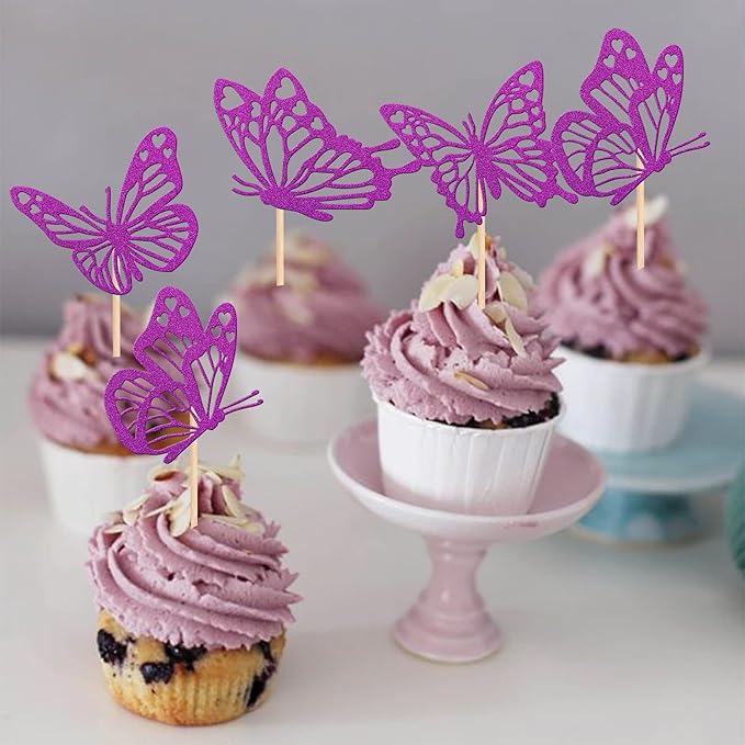 Rsstarxi 24 Pack Butterfly Cupcake Toppers Glitter Assembled Hollow Butterfly Cupcake Picks Baby Shower Cake Decorations for Wedding Engagement Bridal Shower Kids Birthday Party Supplies Purple