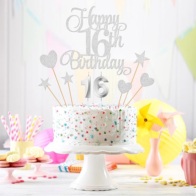 16th Birthday Cake Decorations, 16th Birthday Candles Cake Numeral Candles and Glitter Happy 16th Birthday Cake Toppers Set for Birthday Party Supplies (Silver)