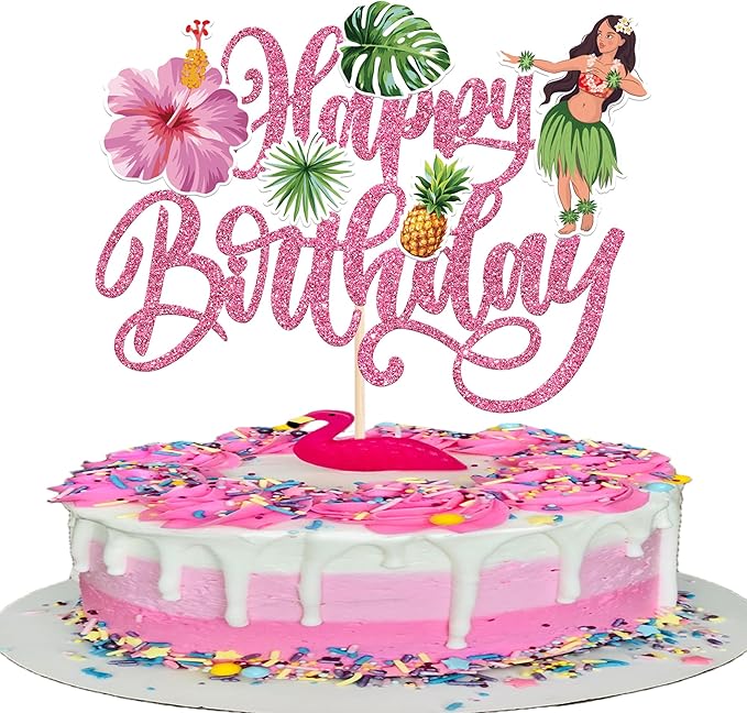 Rsstarxi 1 Pack Hawaii Luau Birthday Cake Topper Luau Cake Decorations Hula Aloha Turtle Leaves Cake Pick for Summer Baby Shower Birthday Hawaiian Tropical Party Decorations Pink