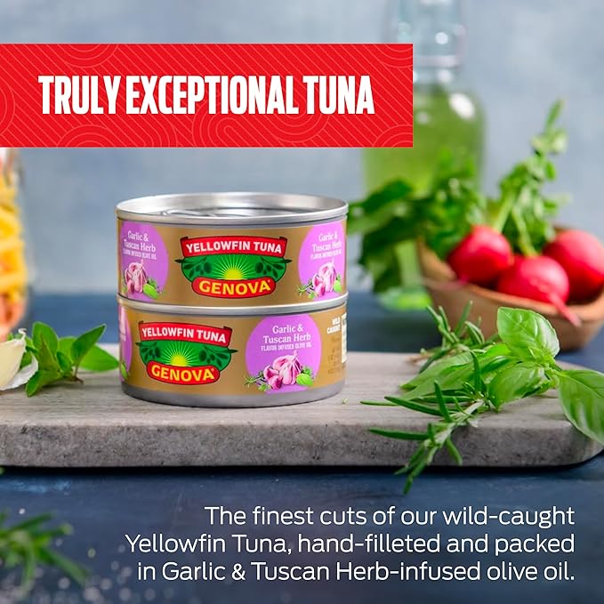 Genova Premium Yellowfin Tuna in Garlic and Tuscan Herb Infused Olive Oil, 5 Ounce Can (Pack of 12), Wild Caught, Solid Light
