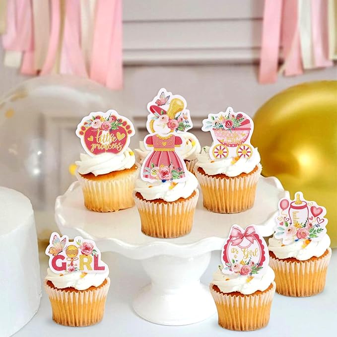 40Cyodoos 40Pcs Edible Pink Rose Gold Baby Shower Cupcake Toppers for Girls Floral It's a Girl Gender Reveal Party Girl Birthday Party Supplies