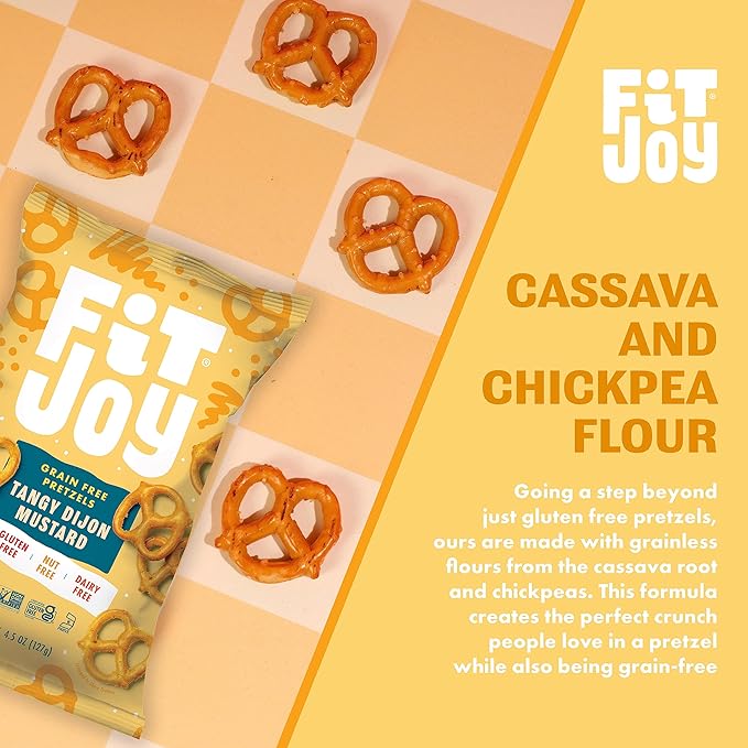 FitJoy Tangy Dijon Mustard Pretzels (Pack of 6, 4.5 Oz) - Dairy, Nut & Gluten Free Snacks - Grain Free Cassava Root & Chickpea Flour Vegan Pretzel Twists - Tangy Snack Pretzels for Children & More